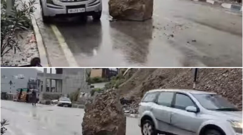 भारी बरसात के चलते सोलन से होकर चंडीगढ शिमला प्रमुख मार्ग गिरी विशाल चट्टानें